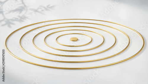Concentric golden rings on white surface with soft light and shadows concentric geometric abstract minimalist background metallic structure composition conceptual precision sophisticated