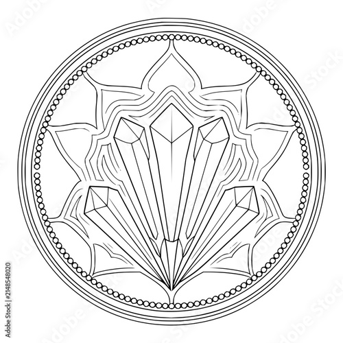Spiritual crystal mandala illustration featuring quartz shards and lotus petals in black and white line art