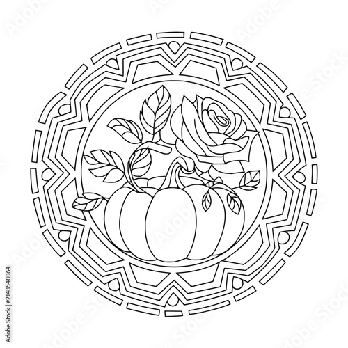Decorative Circular Line Art Featuring a Pumpkin and Rose Flower for Coloring Activity