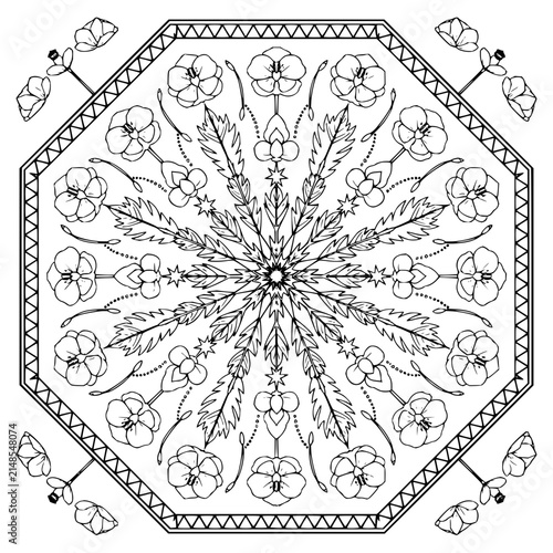 Floral Mandala Coloring Page with Octagonal Border and Flower Motifs