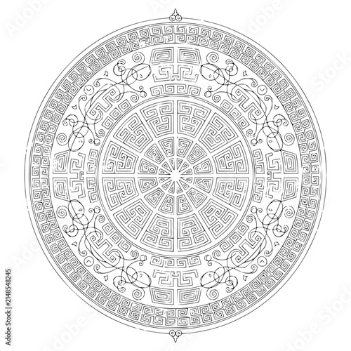 Geometric circular ornament featuring symmetrical meander patterns and linear designs in black line art