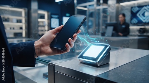Person using smartphone for contactless payment at terminal.