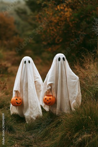 Two Child Ghost Costumes with Pumpkin Buckets Standing in Autumn Field Creating a Whimsical Halloween Celebration Scene. Copy space, aspect 2:3