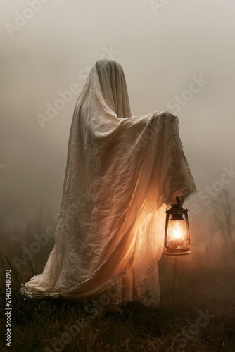 Ghostly Figure Holding Vintage Lantern in Foggy Field with Warm Light Creating a Mysterious Ethereal Atmosphere. Copy Space, vertical aspect 2:3.
