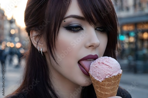 primo piano di viso di donna mentre mangia un gelato alla fragola