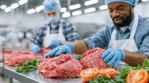 Ground beef is being prepared by workers in a food processing plant.