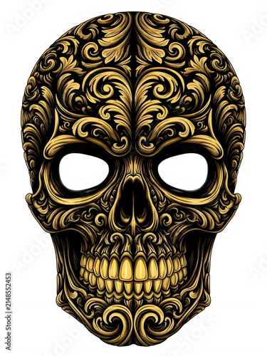 An ornate golden skull with intricate filigree and floral patterns isolated on transparent background