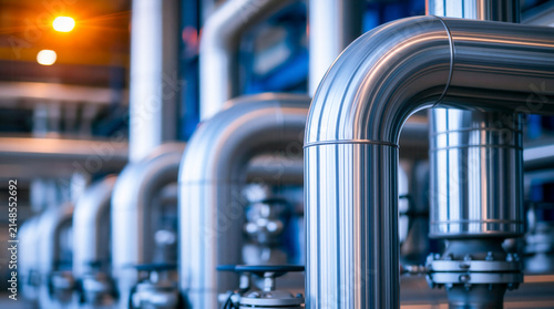 Shiny Stainless Steel Industrial Pipe Network inside Modern Processing Facility