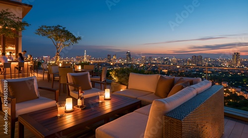 Evening rooftop lounge overlooks city skyline.