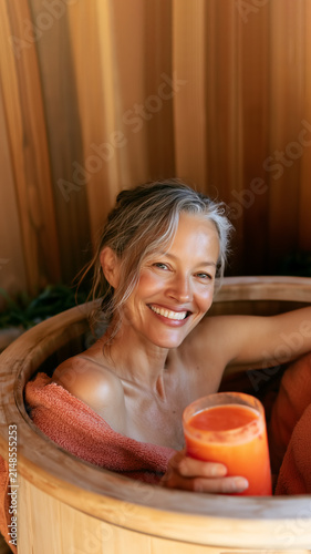 Radiant Gray-Streaked Woman Relaxing in Wooden Hot Tub with Orange Juice, Creating a Serene Luxury Spa and Wellness Atmosphere with Copy Space. Vertical Aspect Ratio 9:16