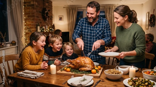 Family enjoys a festive holiday dinner with a carved roasted turkey at a warmly lit dining table