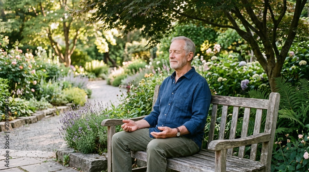 Obraz premium Elderly man meditating peacefully on a wooden bench in a lush garden surrounded by flowers and trees