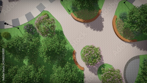 3d image of the landscape design of the home territory. Landscaping of the territory. Computer visualization of composite landscaping and landscaping solutions.