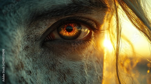 Extreme close-up of a horse's eye reflecting the golden sunlight and its mane against a blurred background. AI.