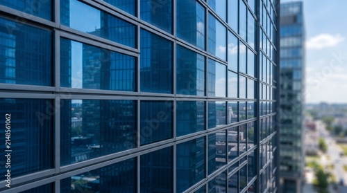 Modern high rise skyscraper glass curtain wall facade architecture exterior view of a metropolitan corporate office building exterior surface
