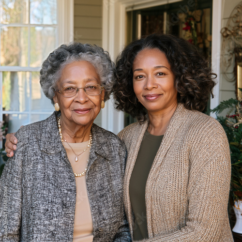 Black Women from Two Generations, Mother and Daughter, Smiling Together on Holiday Porch, Celebrating Family Bond, Love and Connection.