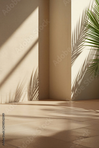 Minimalist background with beige walls and tiled floor
