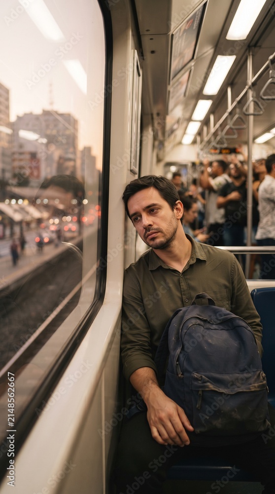 Fototapeta premium Profissional em transporte urbano demonstra cansaço após jornada de trabalho, representando esgotamento cotidiano e desafios do equilíbrio entre carreira e vida pessoal