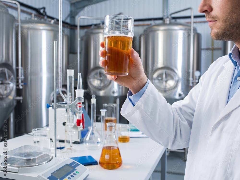 Fototapeta premium A scientist or brewer holding a glass of beer for quality control in a professional brewery lab with metal tanks in the background