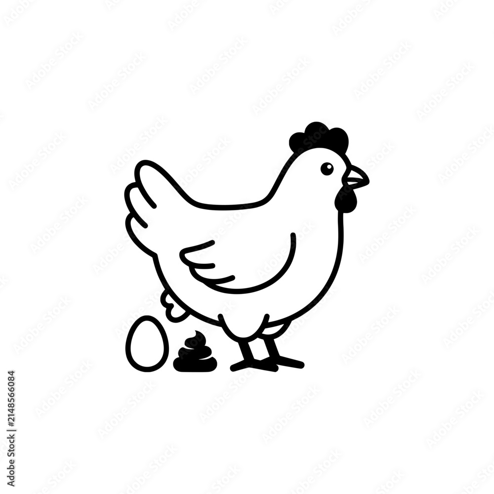 Fototapeta premium Cute Chicken Laying Egg and Pooping Vector Illustration - Funny Farm Bird Line Art Icon