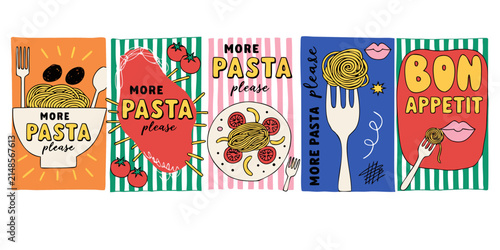 Colorful vector illustrations of pasta dishes and lettering with a playful doodle style