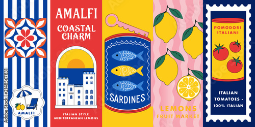 Retro italian travel packaging collage featuring sardines lemons and tomatoes in vector illustration