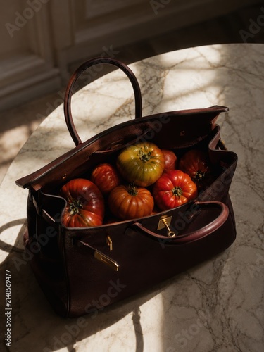 Luxury dark burgundy leather designer handbag filled with fresh heirloom tomatoes resting on a marble countertop with dramatic hard sunlight shadows for high end culinary branding