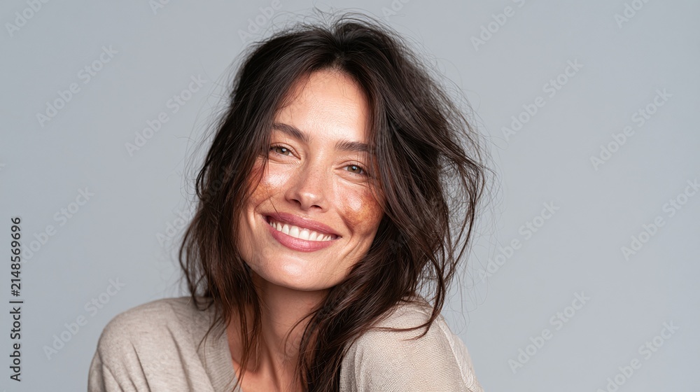 Fototapeta premium Beautiful Adult Woman with Melasma on Face Smiles Joyfully at Camera, Showcasing Natural Skin and Confidence Against a Neutral Background in a Bright Studio Setting