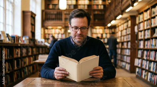 A middle-aged man wearing glasses reads an open book while sitting at a wooden table amidst the shelves of a large, well-stocked library.
