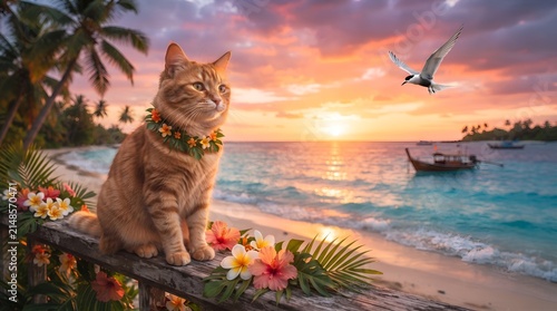 International Cat Day – Ginger Cat with Tropical Sunset and Bird