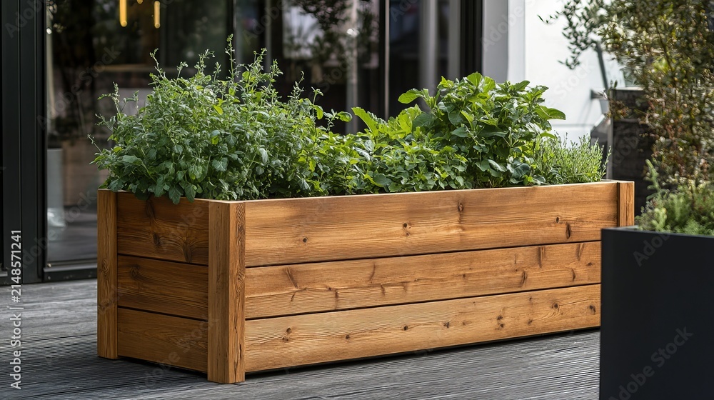 Obraz premium Wooden planter box with vibrant greenery sits outdoors, bathed in soft, diffused daylight and subtle shadow play