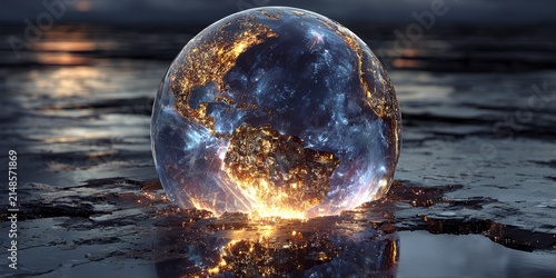 Glowing digital earth enclosed in a transparent sphere with illuminated continents and reflections