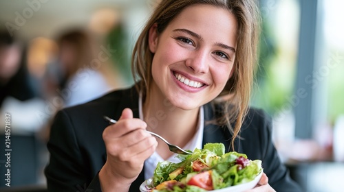 Joyful young professional woman savoring a fresh, healthy salad during her lunch break in a modern, brightly lit office cafeteria environment, showcasing a balanced lifestyle