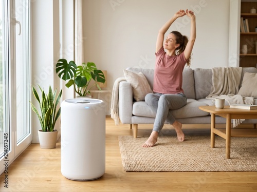Young woman stretching and relaxing on a sofa in a bright living room with an air purifier standing next to green houseplants near the window