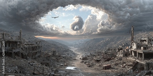 Post apocalyptic ruined city beneath dramatic storm clouds with sunlight breaking through the sky