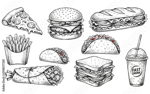 Hand drawn sketch illustration featuring a variety of popular fast food items like burgers pizza tacos and sandwiches