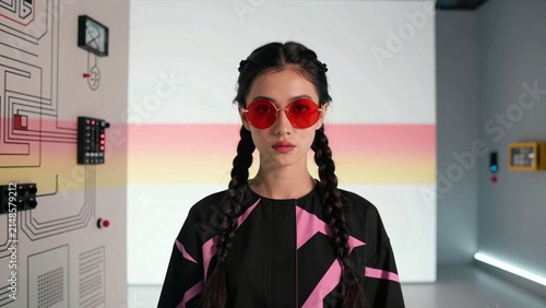 Futuristic woman in tech-themed interior with braided hair and red sunglasses