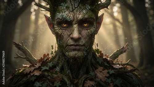 Fantasy portrait of a treant or an oak forest guardian within a dense sun-dappled woodland illuminated by golden sunlight, the  tree-like creature is partially fused with the surrounding forest
