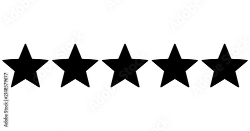 Five black stars in a row, 0-5 rating, review system. Isolated png illustration, transparent background. Asset for overlay, pattern, montage, collage. Business, customer feedback concept