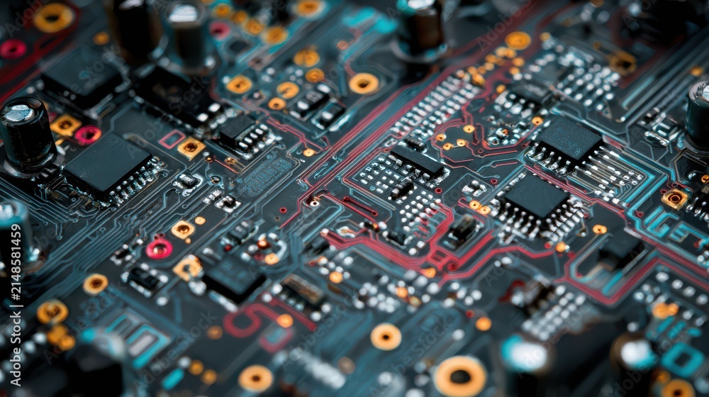 Fototapeta premium Detailed circuit board with glowing red lines and microchips in macro view during technological innovation concept