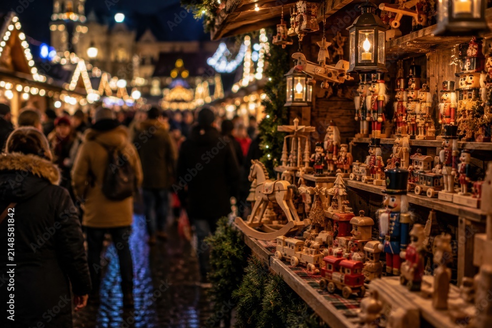 Obraz premium Traditional european christmas market stall filled with wooden toys