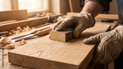 Man sanding wooden surface with hand tools in workshop  