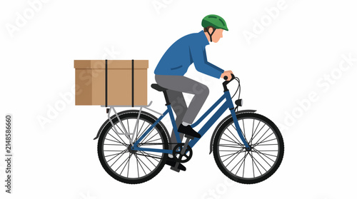 Courier cyclist riding bicycle delivering cardboard box package eco friendly delivery vector illustration