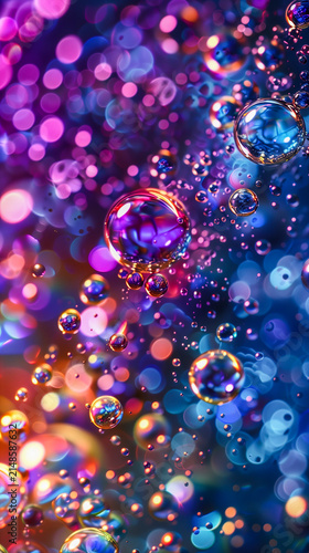 Floating colorful liquid bubbles and glass spheres over glowing bokeh background