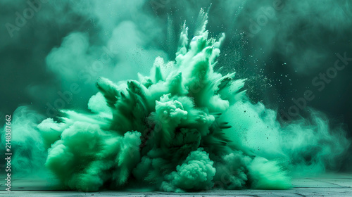 Green powder explosion with fine particles and cloud smoke over dark background
