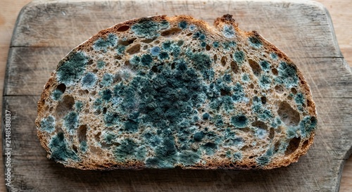 Moldy bread slice with green fungus
