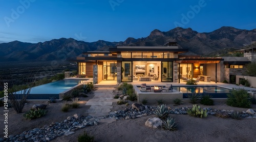 A luxury desert villa illuminated at twilight with a serene pool and dramatic mountain backdrop.
