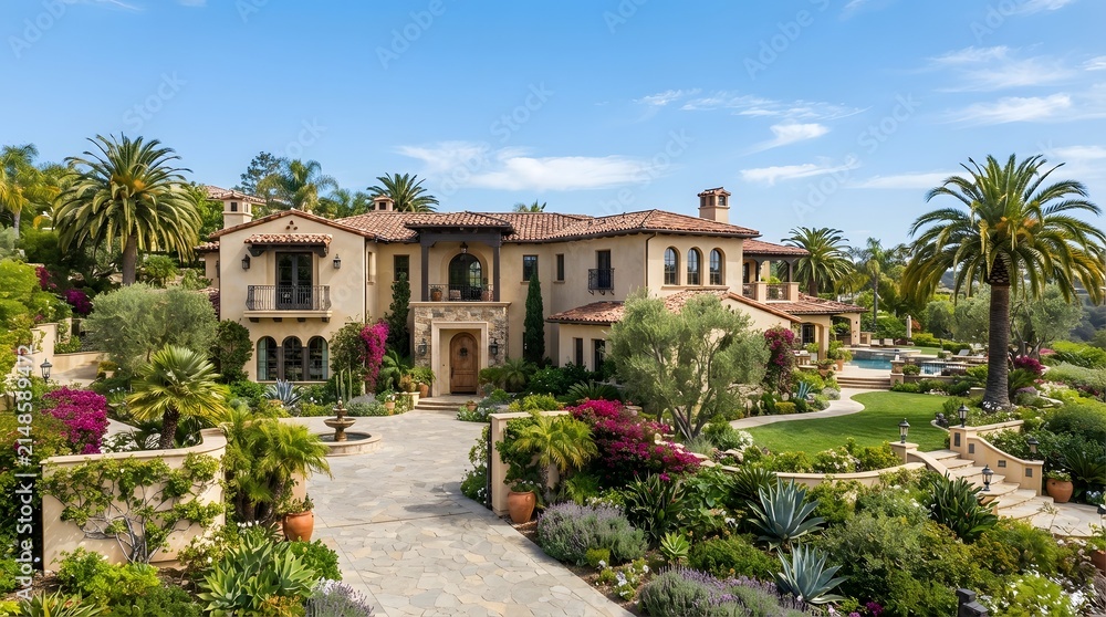 Fototapeta premium A beautiful luxury property with Spanish colonial architecture surrounded by lush tropical gardens.