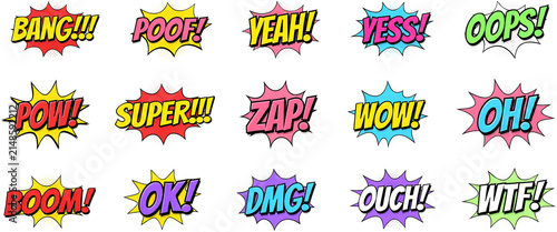 Comic speech bubbles set with popular exclamations like bang poof yeah yess oops pow super zap wow oh boom ok dmg ouch wtf.