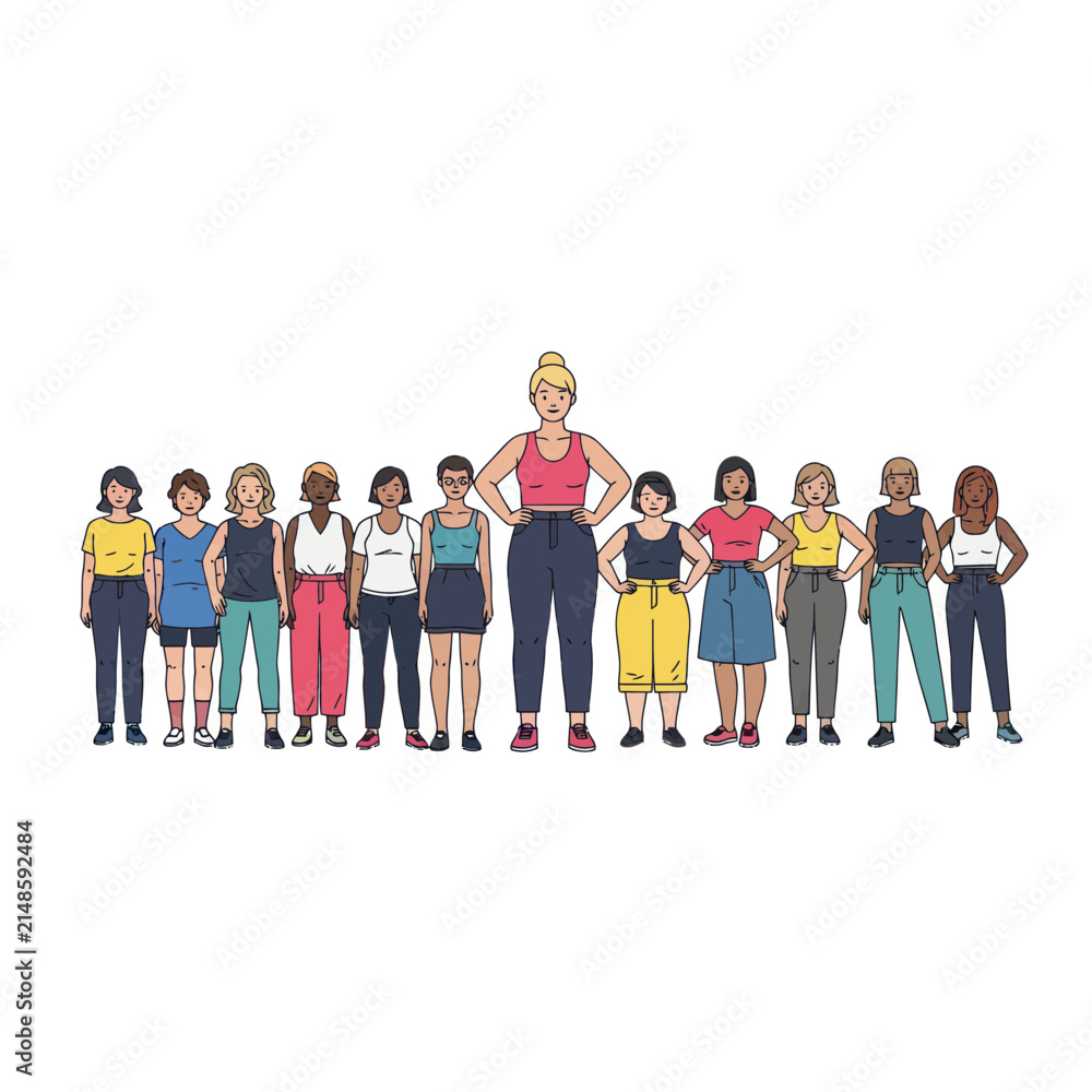 Obraz premium Group of diverse women standing together in a line.